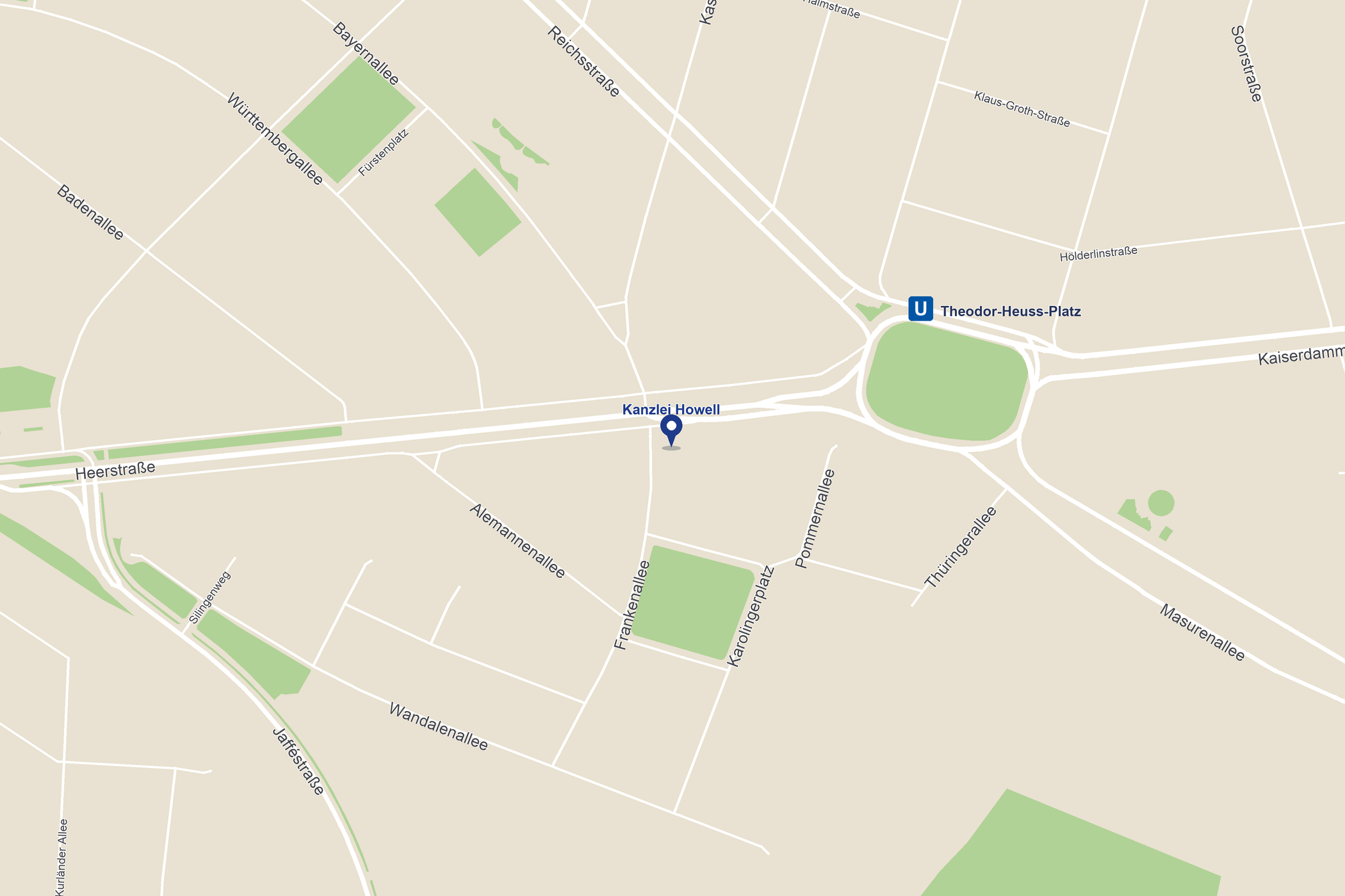 Karte: Kanzlei Christian Howell, Frankenallee 18 in 14052 Berlin - Westend, nahe dem U-Bahnhof Theodor-Heuss-Platz (U2)